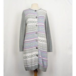 Christopher & Banks Cardigan Sweater Gray Fair Isle Longline Misses Size M New